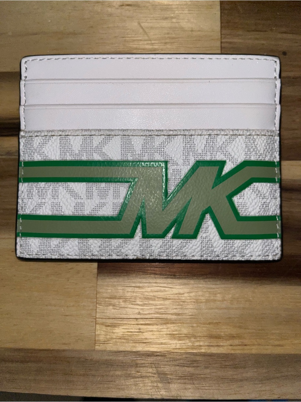 Michael Kors White Card Holder with Green MK Stripe Logo